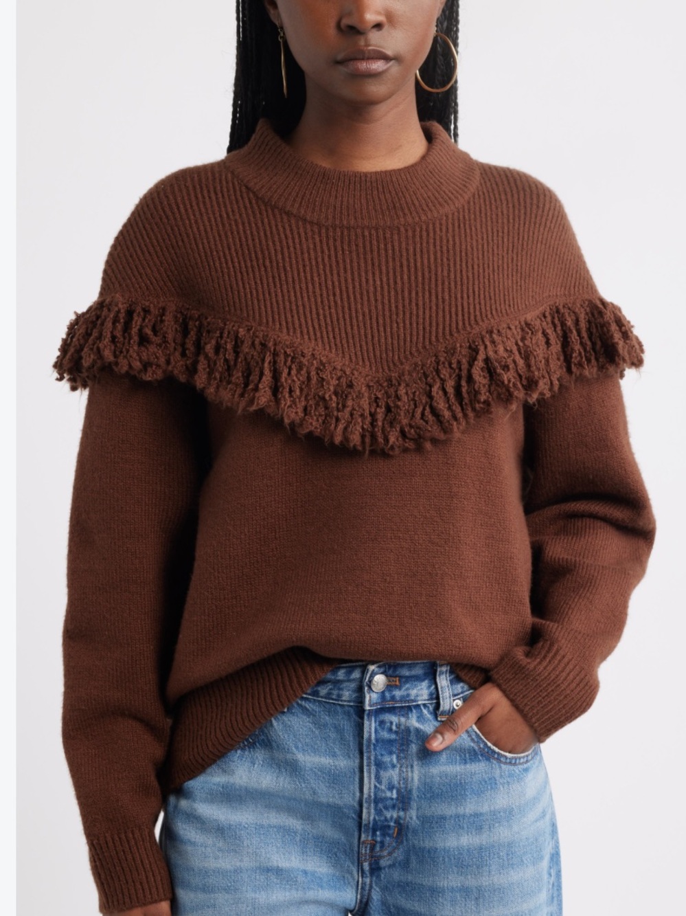 Treasure & Bond Novelty Brown Fringe Crewneck Sweater
